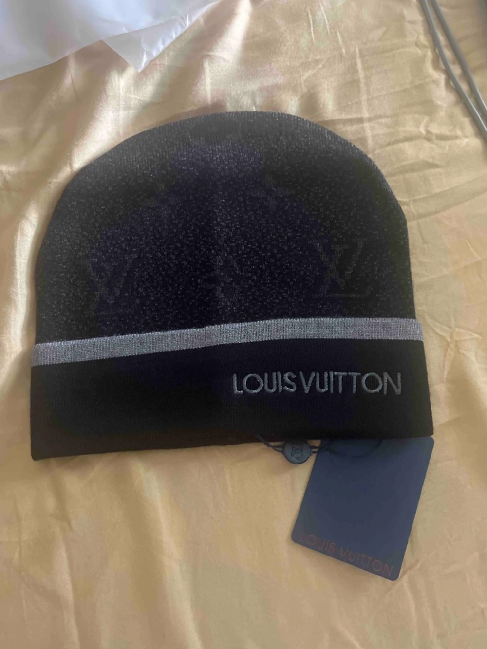 Louis Vuitton Black Beanie with Silver Trim and Logo